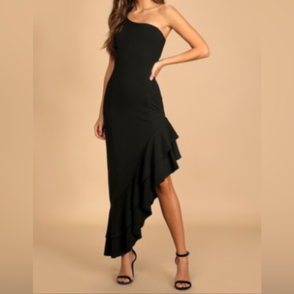 Lulus Steal a Glance Black One-Shoulder Ruffle Dress
